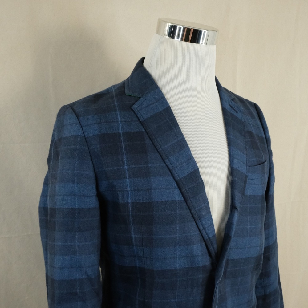 Tommy Hilfiger 38 Sport Coat Baird McNutt Irish Linen Blue Plaid Two Button